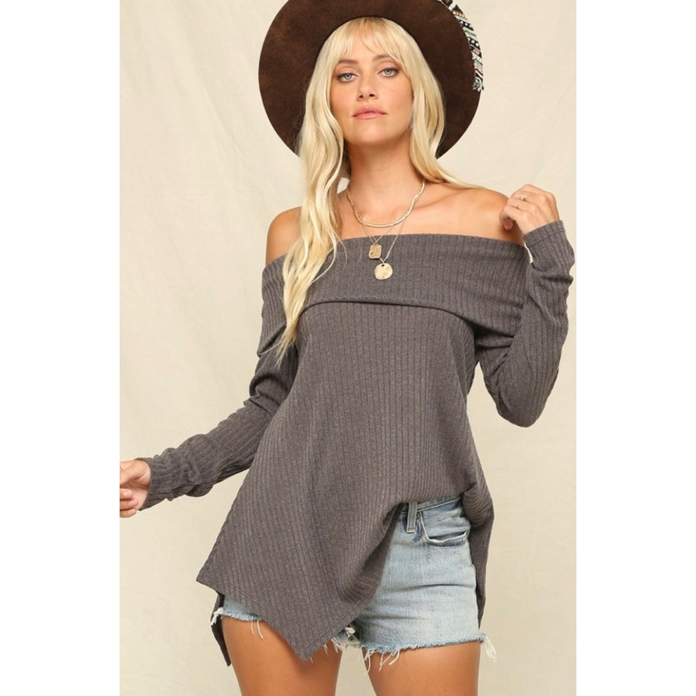 Fold over shoulder top, casual rib tunic with long sleeves. - Picture 4 of 4